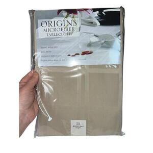 Origins‎ NIB 60" Round Microfiber Tablecloth Spill-Proof Beige Seats 4 Dining